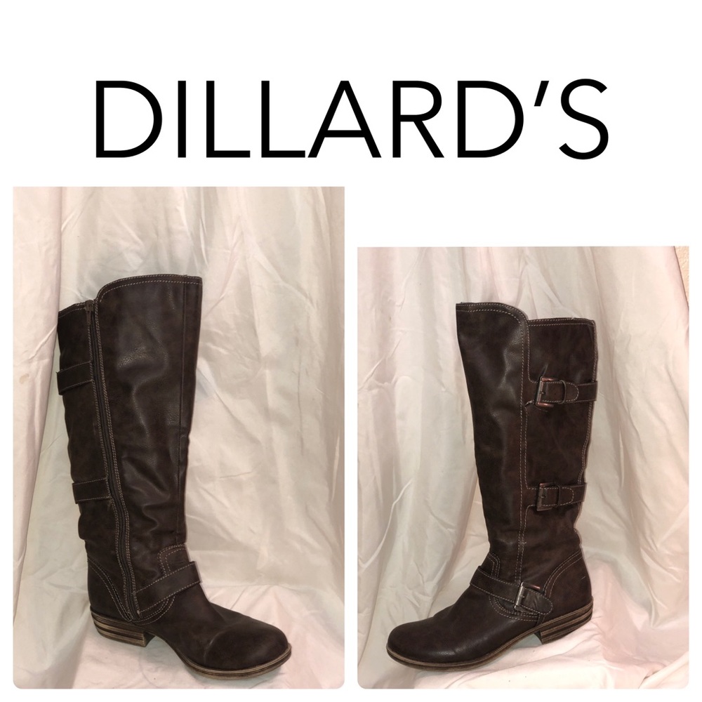 Brown leather buckled knee high low heel boots